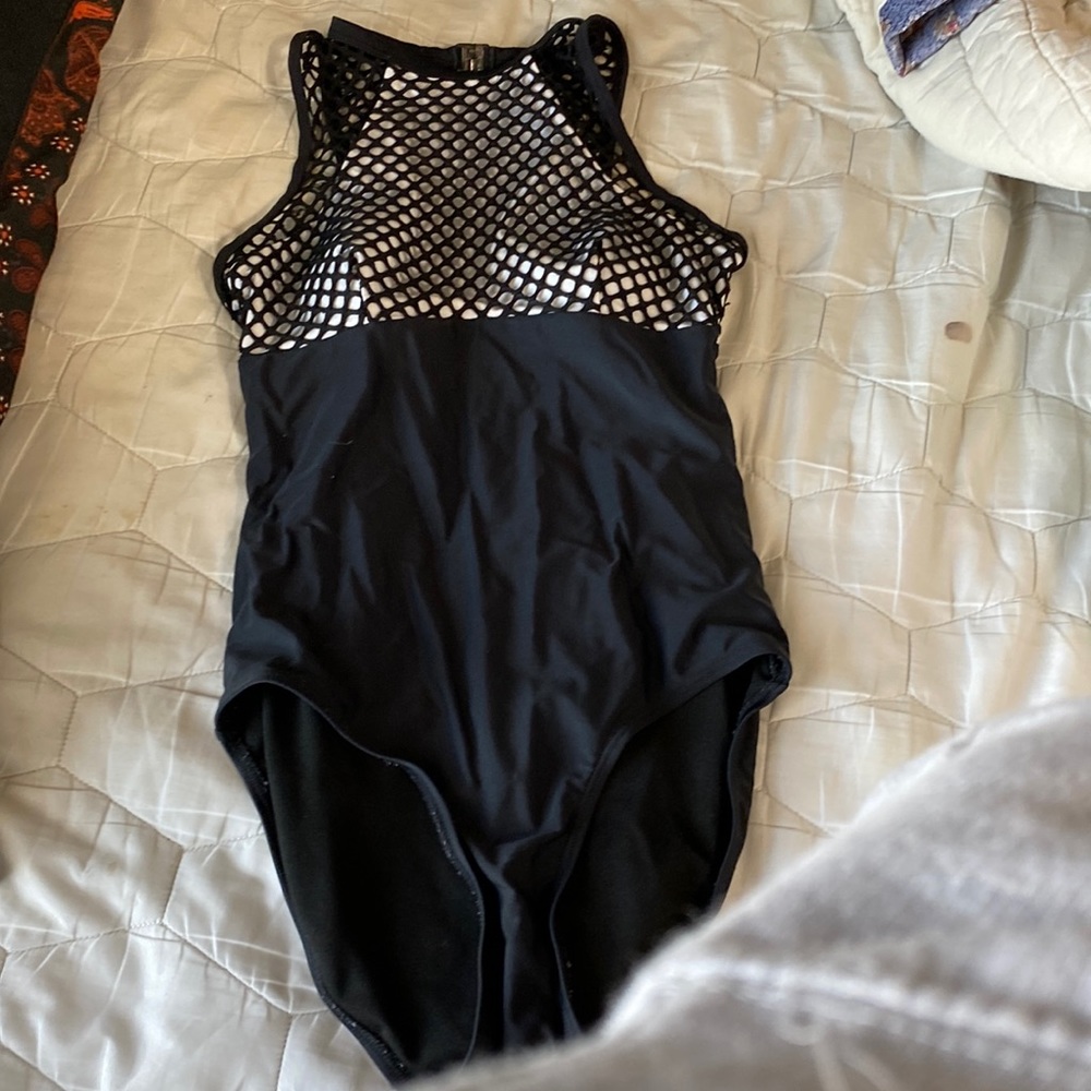Black and white fishnet one piece bathing suit